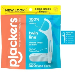 Plackers Twin-Line Dental Floss Picks Cool Mint Dual Action Flossing 300 ct 1 PK - Picture 1 of 13