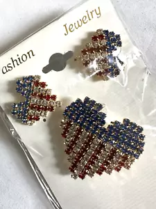 vintage patriotic red clear blue rhinestone heart brooch and earrings - Picture 1 of 4