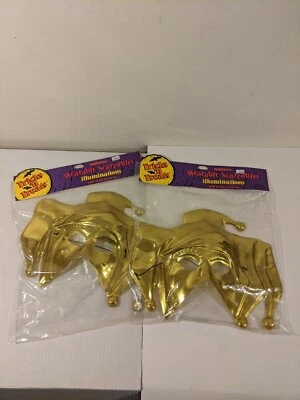 Vtg Lot 2 Gold Halloween Mardi Gras Carnival Jester Mask Costume Plastic Elastic - Image 1 of 4