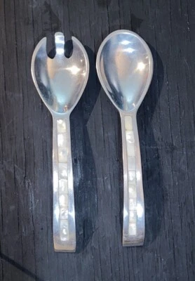 Juego de ensalada vintage con incrustaciones de madreperla tono plata tenedor y cuchara para servir Foto 1 de 4