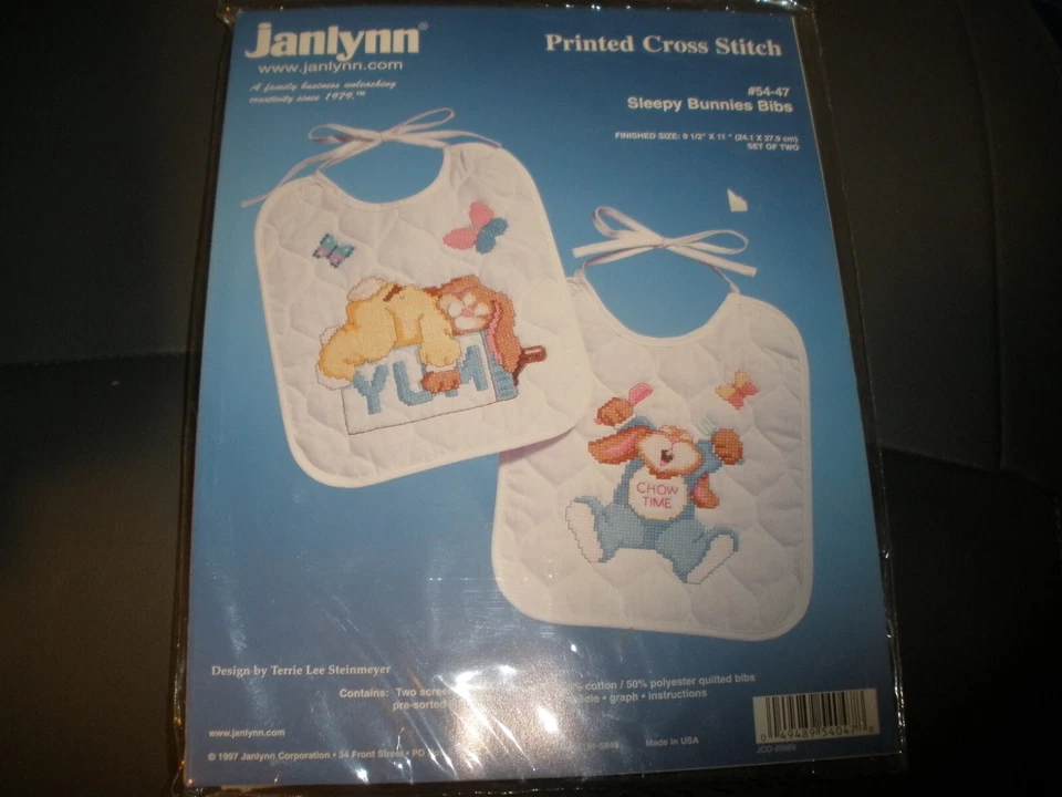 Janlynn Printed Cross Stitch Kit Sleepy Bunnies Bibs 9 1/2 X 11 1997