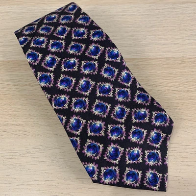Countess Mara Black Blue Geometric Silk Wide Necktie 56" Medallion MADE IN USA - Image 1 of 4
