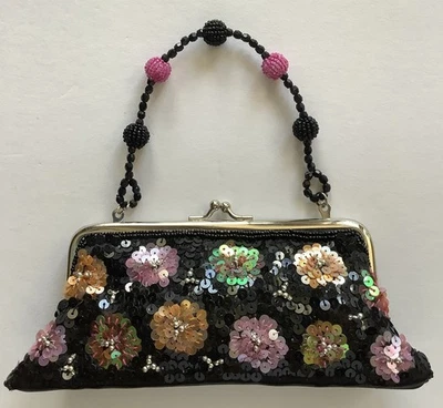 Black Colorful Beaded & Sequin Evening Bag Purse  Bead Handle & Shoulder Cord - Image 1 of 4