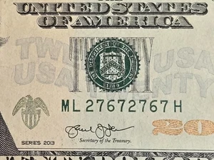 2013 $20 Twenty Dollar Bill Repeater Trinary Note Fancy Serial Number - Picture 1 of 3
