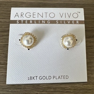 Argento Vivo Freshwater Pearl & Cubic Zirconia Stud Earrings 18K Gold Plate New - Image 1 of 4