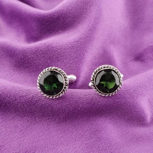925 Silver Natural Green Tourmaline Anniversary Business Formal Dads Cufflinks - Picture 1 of 6