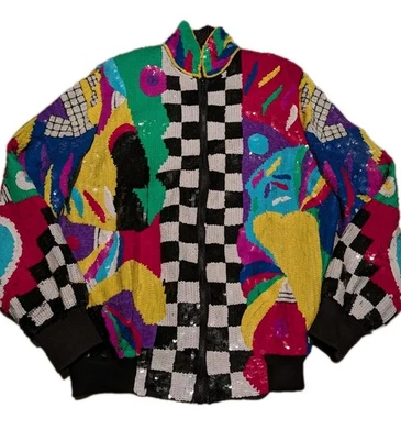 Vtg 80s Women's Sequin Bomber Jacket Silk Lined Full Zip Colorful Abstract Sz L - Image 1 of 4