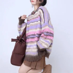 Women Colorful Striped Gradient Knitted Sweater Faux Mohair Fur Fluffy Top Warm - Picture 1 of 12