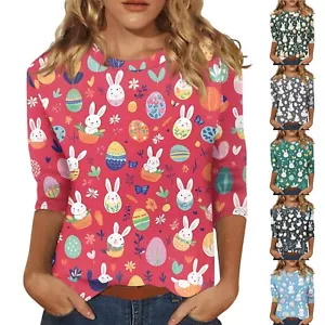 Women's Fashion Tops Plus Size Easter Basic 3/4 Sleeve Casual Printed Pullover - Picture 1 of 30
