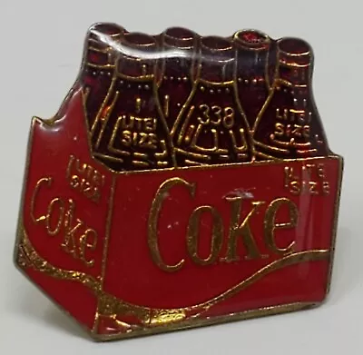 Lapel Hat Pin Tie Tack COKE COCA COLA 6 One-Liter Bottles Crate  Red Gold tone - Image 1 of 2