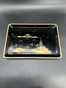 Vintage Imaoka Japanese Black Lacquer Serving Tray Metallic Painting Mountains - Picture 1 of 3