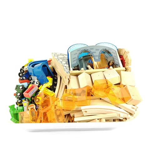 Wooden Train Tracks Bridges Trains Cars People 150+ pieces Cover