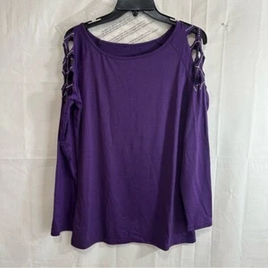 Women's Sexy Off Shoulder Hollow Out Long Sleeve W/Rhinestones T-Shirt Purple M - Picture 1 of 9