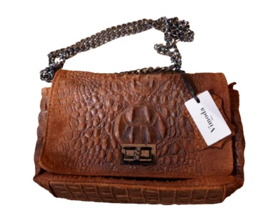 Vimoda Paris Pewter Shoulder Strap Brown Reptile Leather Clutch Shoulder Bag - Photo 1/4