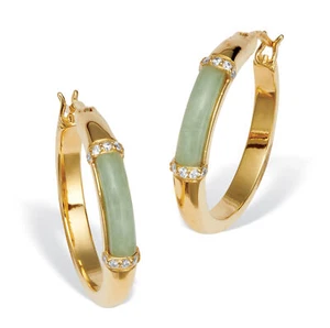 .18 TCW CZ Cabochon Cut Genuine Green Jade 18k Yellow Gold-plated Hoop Earrings - Picture 1 of 1
