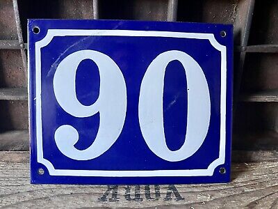 Original Vintage French Enamel Tin Blue And White House Number 90 • 26.41$