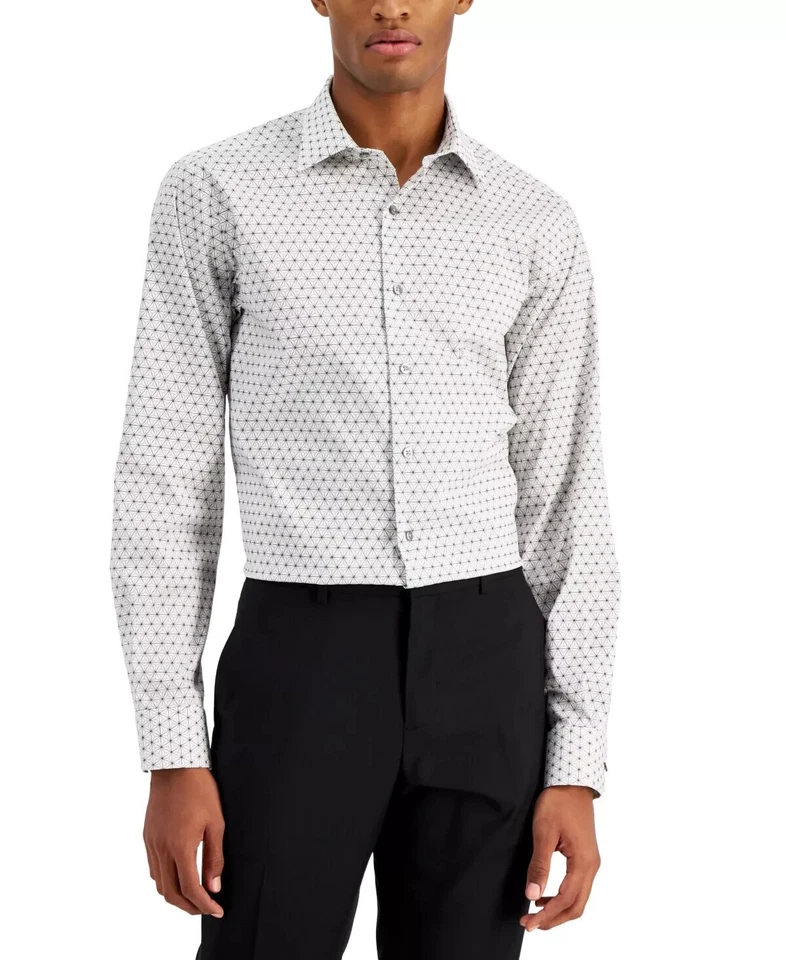 Alfani Men's Slim 2-Way Stretch Performance Dress Shirt White Gray 17.5 32-33