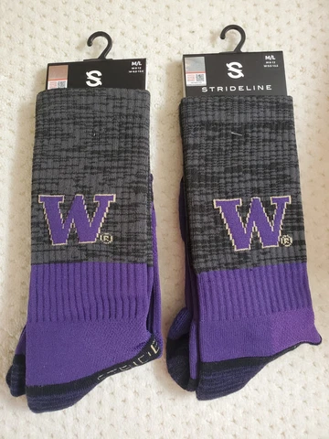 NWT Strideline Washington Huskies 2 PAIRS Black Crew Purple logo Socks, Size M/L Cover