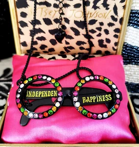 Vintage Betsey Johnson Mod Retro Rainbow Crystal Black Eyeglasses Dress Necklace - Picture 1 of 7