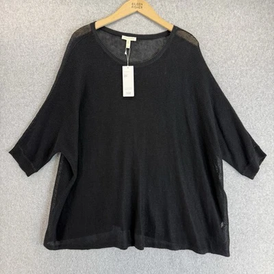 Top cuadrado Eileen Fisher negro 100 % lino orgánico tejido transparente cuello barco grande nuevo con etiquetas Foto 1 de 4