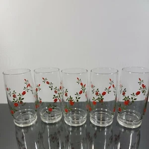 Set of 5 Vintage Anchor Hocking Red Rose & Vine Tumblers Clear Drinking Glasses - Picture 1 of 8