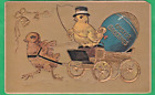 Easter embossed postcard/chick pulling gold wagon/large egg/gold outlines/gilded