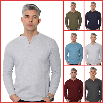 Mens Henley Long Sleeve Thermal T-Shirt Top Grandad Neck waffle net top (2208-A) - Image 1 of 4