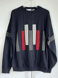 VTG Bachrach Sweater Men LG Black Textured Velour Striped 3D Crew Neck Retro USA - Picture 1 of 6