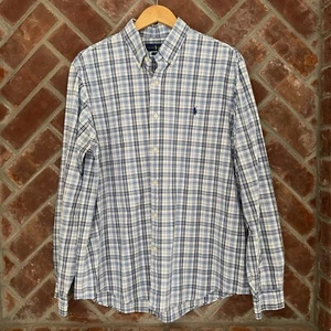Ralph Lauren Classic Fit Men's Large Shirt White Blue Gingham White Blue Plaid - Picture 1 of 7