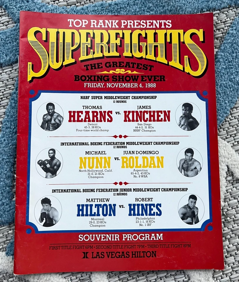 1988 Thomas Hearns/Kinchen Michael Nunn/Roldan Hilton/Hines Program Boxing vtg - Image 1 of 4