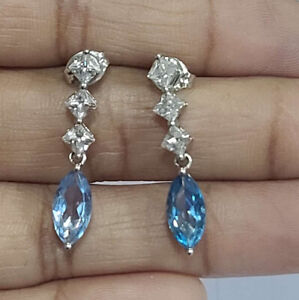 Drop Dangle Earrings Simulated Blue Topaz & CZ Sterling Silver Pre-owned Jewelry