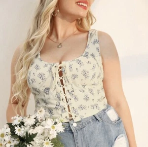 Shein Vcay Plus Ditsy Floral Lace-Up Crop Tank Top XL 14 - Imagen 1 de 7