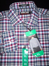 NEW! KIRKLAND BUTTON SHIRT -XL- BURGUNDY BLUE WHITE PLAID L/S NON-IRON -STRETCH