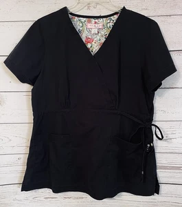 Koi Scrub Top sz Large Black Kathy Peterson Mock Wrap Style 137 Tie at Waist - Picture 1 of 7