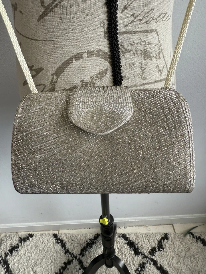 Vintage Neiman Marcus Evening Bag Silver Beaded  Purse chain strap - Image 1 of 4