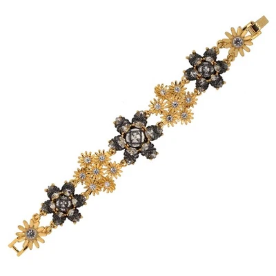 Pulsera Ann Taylor Tono Dorado Flores Floral Negro Cadena Envuelta Estrás Foto 1 de 4