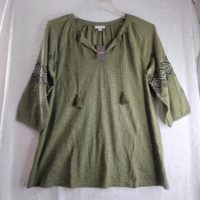 Top túnica mujer J. Jill manga 3/4 bordado verde bohemio talla M pulóver Foto 1 de 4