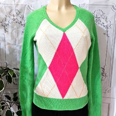 Suéter Lilly Pulitzer Nuevo sin Etiquetas Verde Cachemira/Rosa Cuello en V Mediano Foto 1 de 4