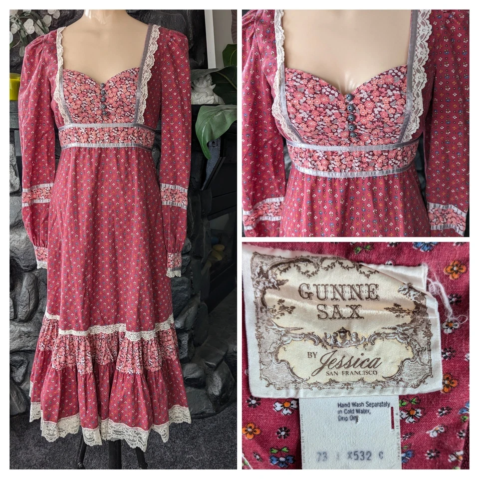 复古 20 世纪 70 年代 Gunne Sax Jessica McClintock 及膝玫瑰印花草原连衣裙 9 码 — 第 1/4 张图片