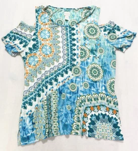 Chicos schulterfrei bunt blau Bohemian Viskose Mischung Top Gr. Ch3/16/XL - Bild 1 von 8