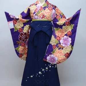 Furisode Kimono & Hakama & Obi sash set L Size Brand New Blue Gold Floral F/S - Picture 1 of 4