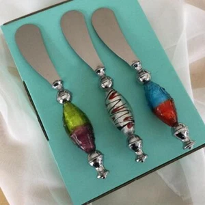 PATE SPREADER DIP CHEESE SPREADERS SET OF 3 VENETIAN GLASS HANDLES BOXED NEW #14 - Picture 1 of 2