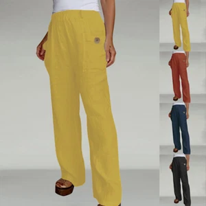Women Cotton Linen Plain Pockets Long Pants Ladies Elastic Waist Casual Trousers - Picture 1 of 30