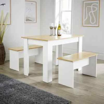 3 Piece Dining Table Set White Frame & Oak Top with 2 Wooden Benches Space - Image 1 of 4
