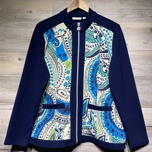 Susan Graver Full-Zip Knit Jacket Navy Blue Paisley Bandana Print Size Large - Picture 1 of 10