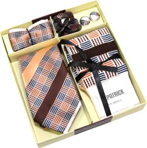 Box-Set Krawatte & Socken - orange braun gestreift Taschentuch Manschettenknöpfe und Boutonniere - Bild 1 von 1