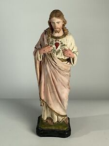 Vecchia statua in gesso dipinta primo '900."Sacro cuore di Gesù". Altezza cm. 41