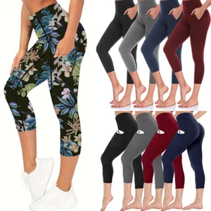 UK Women High Waisted Capri Leggings Pockets 3/4 Gym Leggings Cropped Trousers - Picture 1 of 21