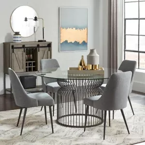 5 PC METAL CAGE LIKE 48" GLASS TOP DINING TABLE GREY FABRIC CHAIRS FURNITURE SET - Picture 1 of 18