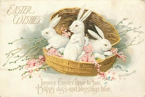 Easter Postcard Ellen Clapsaddle Cute Bunnies Rabbits Egg Basket IAPC 146 - Picture 1 of 2